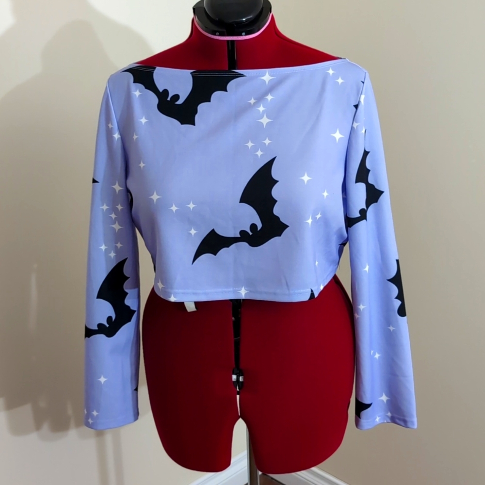 Shein| Light Purple Mauve Long Sleeve Crop Top Halloween Themed with Black Bats - Picture 1 of 10